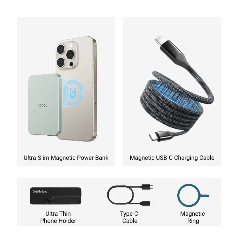 xCool 5,000mAh Ultra-Slim Magnetic Wireless Power Bank with USB-C Cable