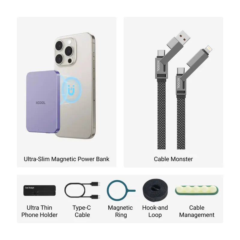 xCool 5,000mAh Ultra-Slim Magnetic Wireless Power Bank with USB-C Cable