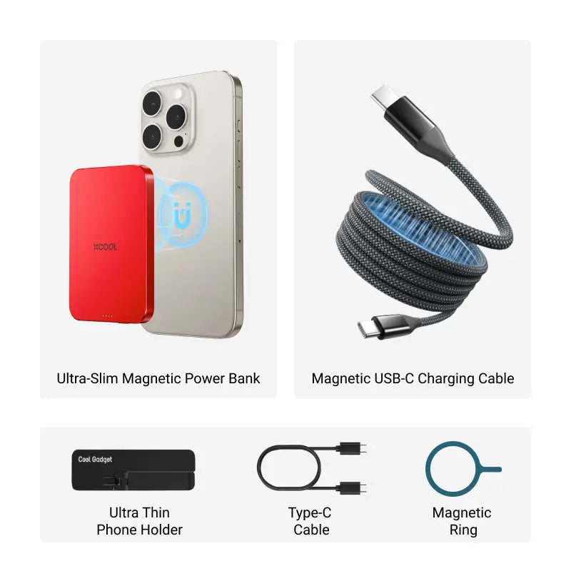 xCool 5,000mAh Ultra-Slim Magnetic Wireless Power Bank with USB-C Cable