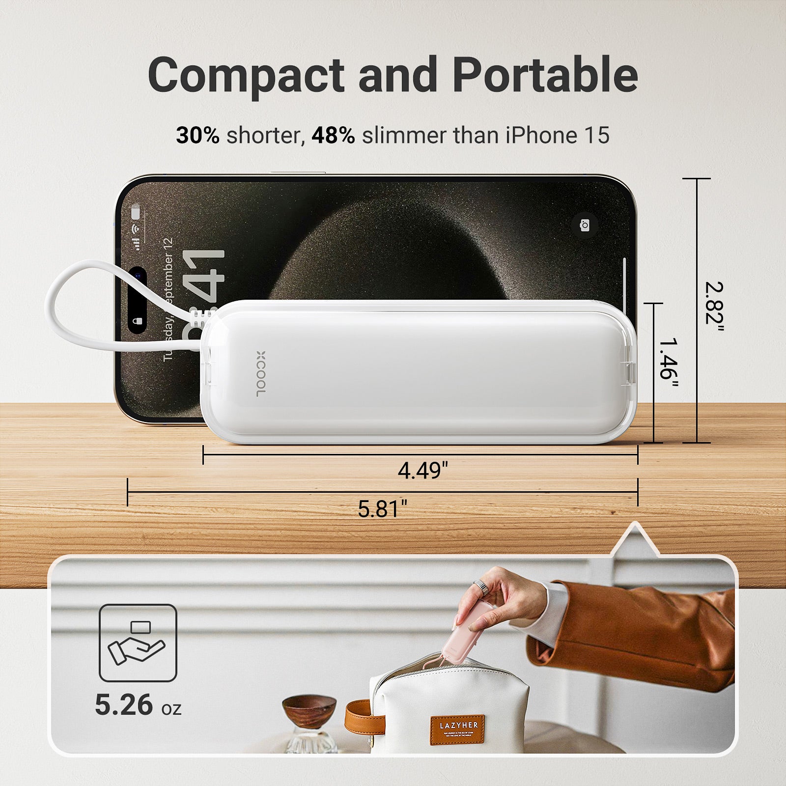 xCool CablePlug™ 3-in-1 Power Bank with Built-In Cable and Wall Plug, 5,000mAh