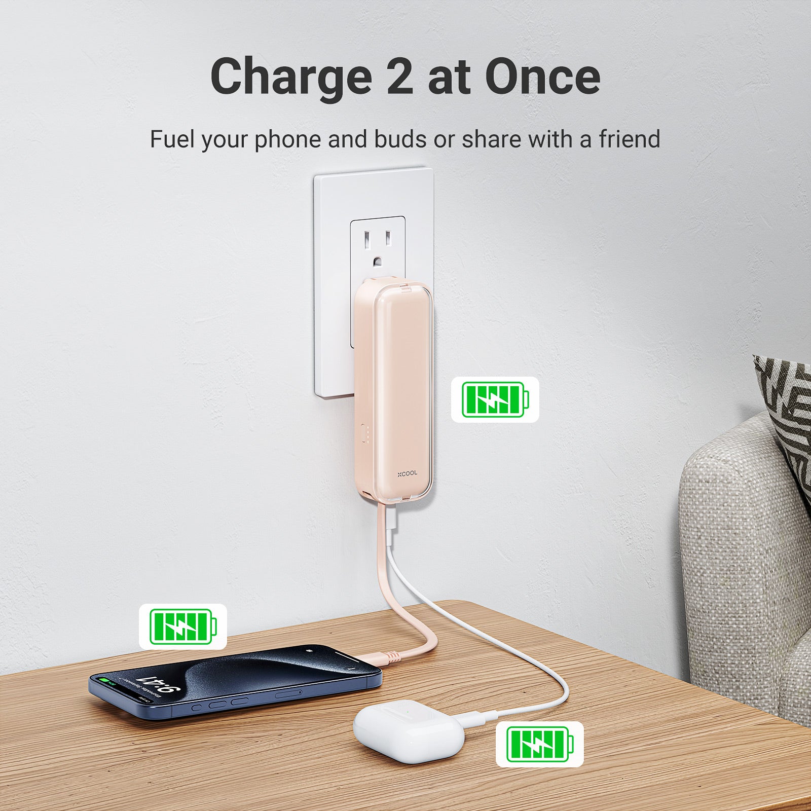 xCool CablePlug™ 3-in-1 Power Bank with Built-In Cable and Wall Plug, 5,000mAh