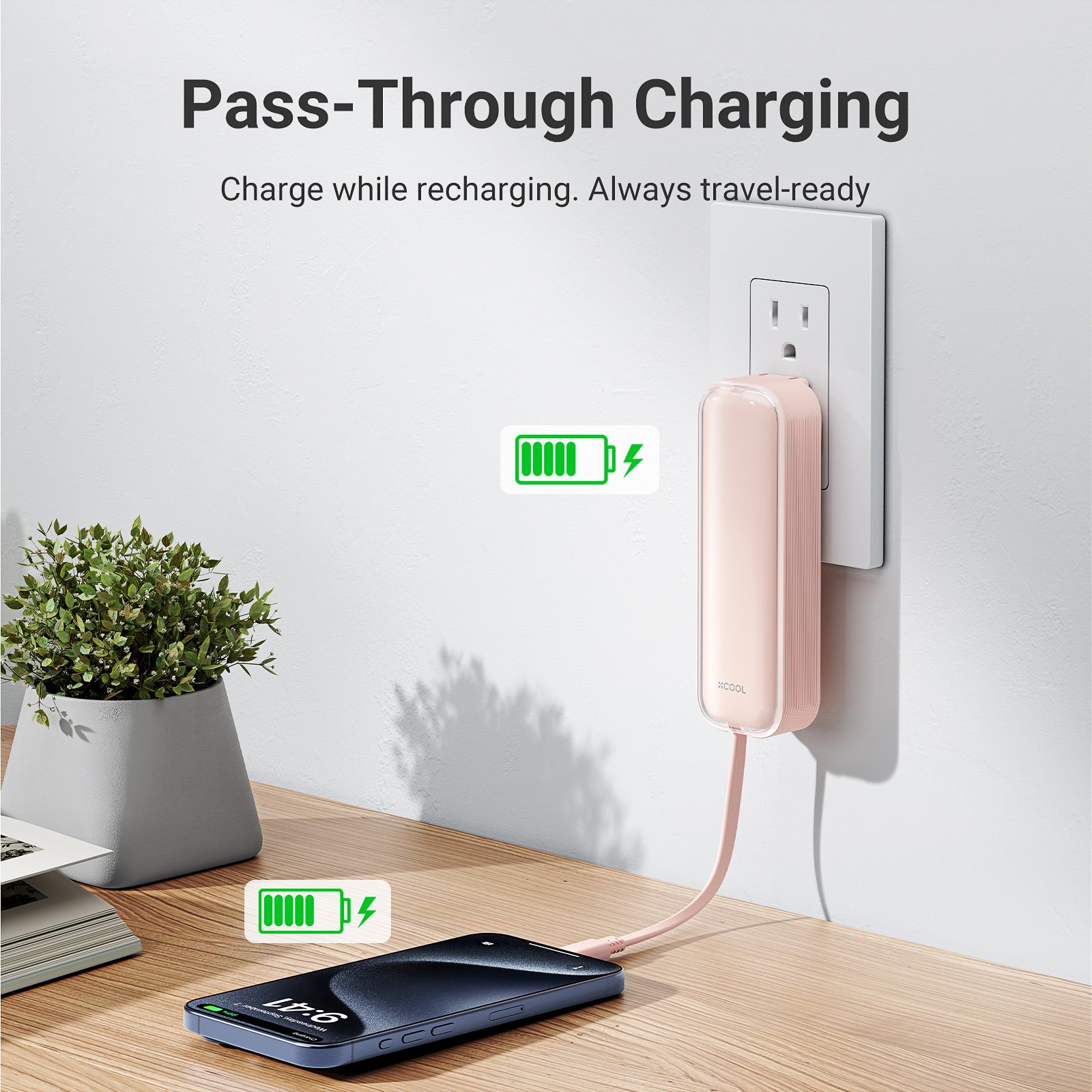 xCool CablePlug™ 3-in-1 Power Bank with Built-In Cable and Wall Plug, 5,000mAh